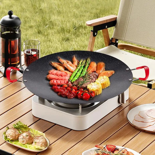 Stove Top Grill Korean Pan Camping Stove Grill Round Griddle Pan Non-Stick Indoor Korean Grill Korean Barbecue Grill With Handle