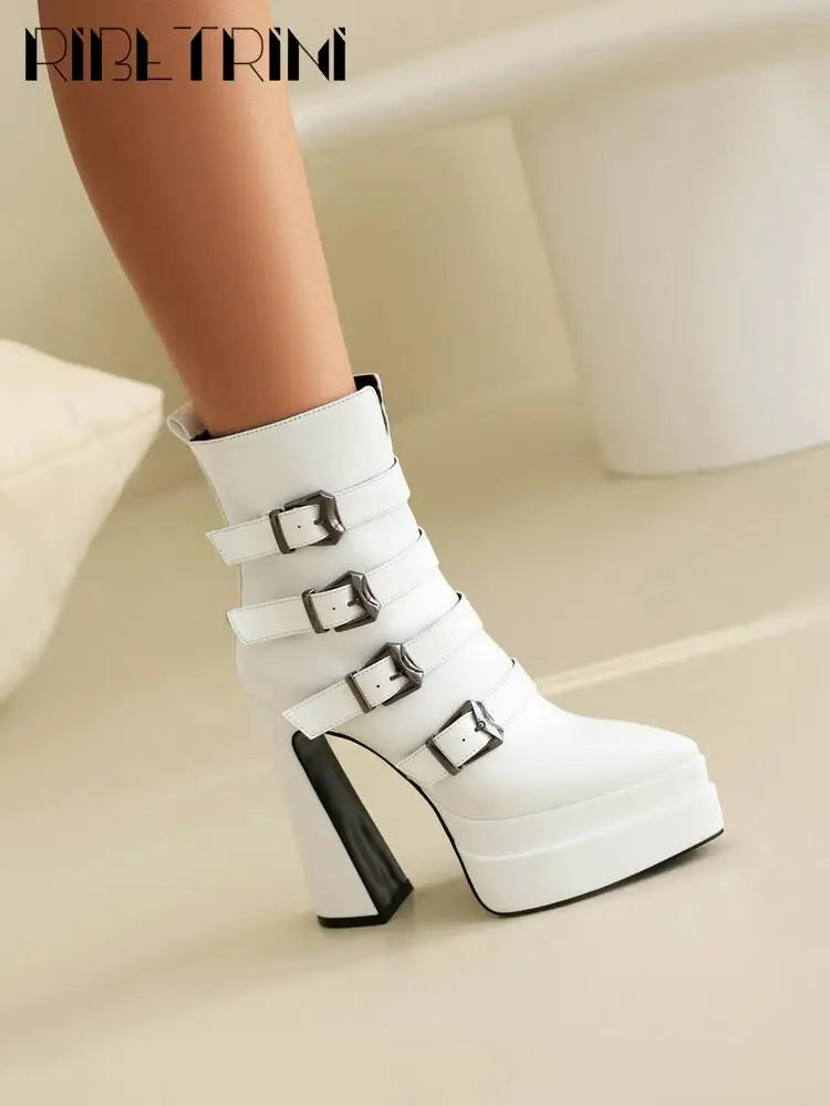 Platform Women Boots Pounted Toe High Heeled Double Platform Shoes Ankle Buckle Punk Goth Cool Fashion Brand Winter Boots Woman