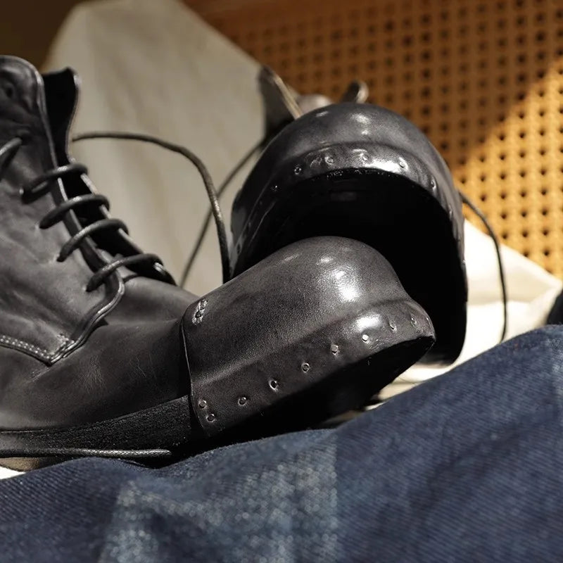 Retro Horsehide Genuine Leather Mens Boots Handmade Lace Up High Top Work Cargo Shoes High Quality Motorcycle Short Boots Male