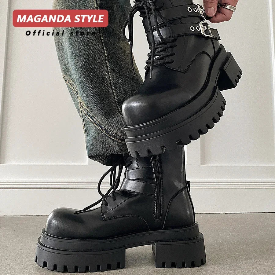 Height increased by 7CM short leather boots for men's dark punk functional motorcycle boots commuting buckle work clothes shoes