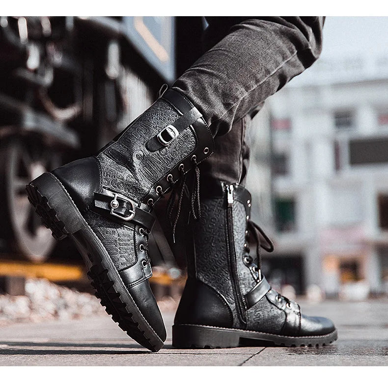 2025 Fashion Man Ankle Boots Lace Up  Platform Leather Shoes Motorcycle Retro Boots Britain Warm Male Platform Mid Calf Boots