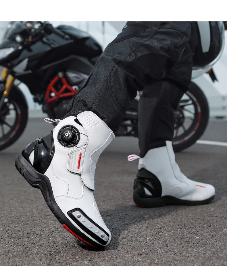 Motorcycle Boots Man Waterproof Studded Boots Hook and Loop Fasteners Wear-Resistant Motorcycle Shoes Anti-Slip Anti-Fall