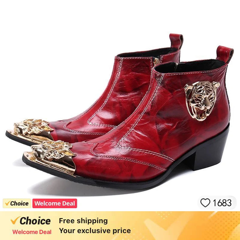 Western men's booties leather shoes pointy brown leather ankle boots men's zipper 6.5cm high heels motorcycle shoes