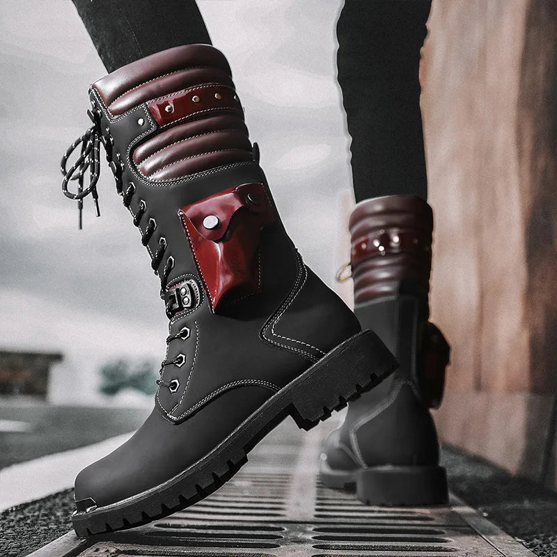 Men Motorcycle Boots Fashion Mid-Calf Punk Rock Punk PU Leather Black High Top Mens Casual Boot Steel Toe Shoes Big Size 38-46