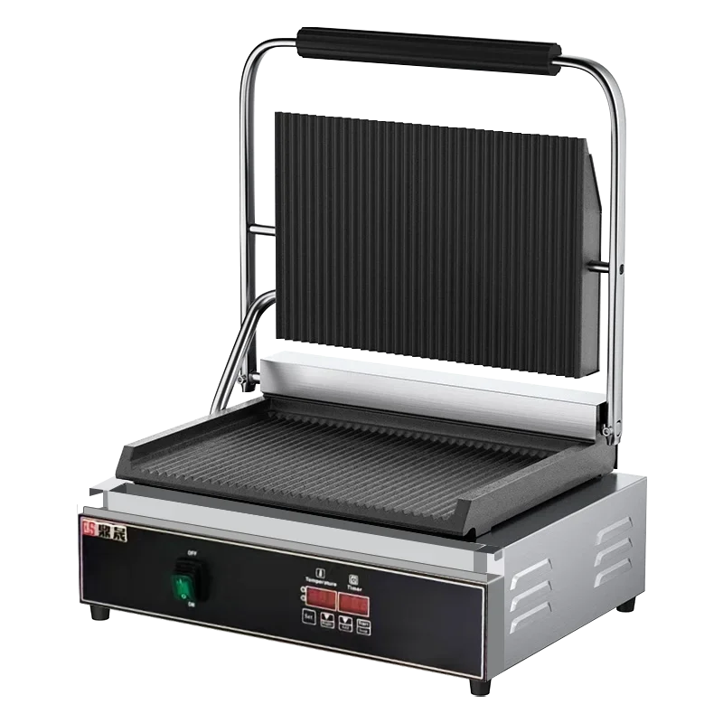 220V Professional Electric Panini Press Grill for Steak Sandwich with Full Groove Heating Plates Commercial Use AB