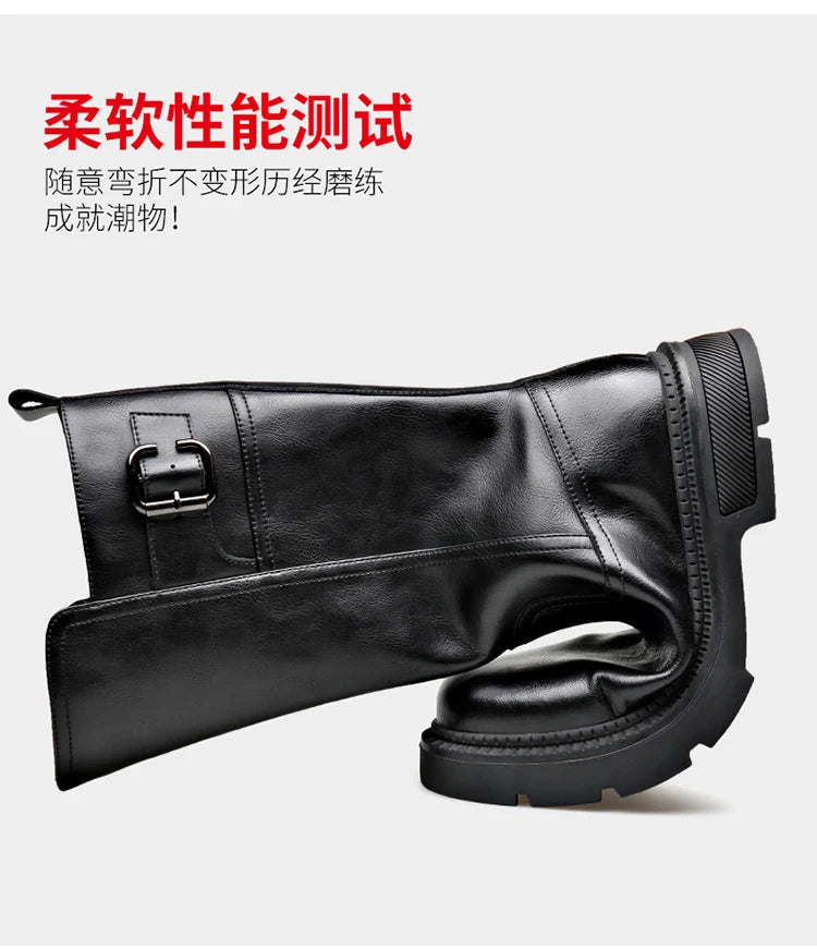 Tall Boots for Men Made of Leather with Increased Height and Soft Sole Western Cowboy Plush Insulation Knight Ankle Riding