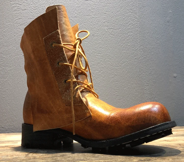 Handmade Vintage Round Toe Mens High Top Work Safety Shoes Cowhide Genuine Leather Ankle Boots Lace Up Motorcycle Riding Boots