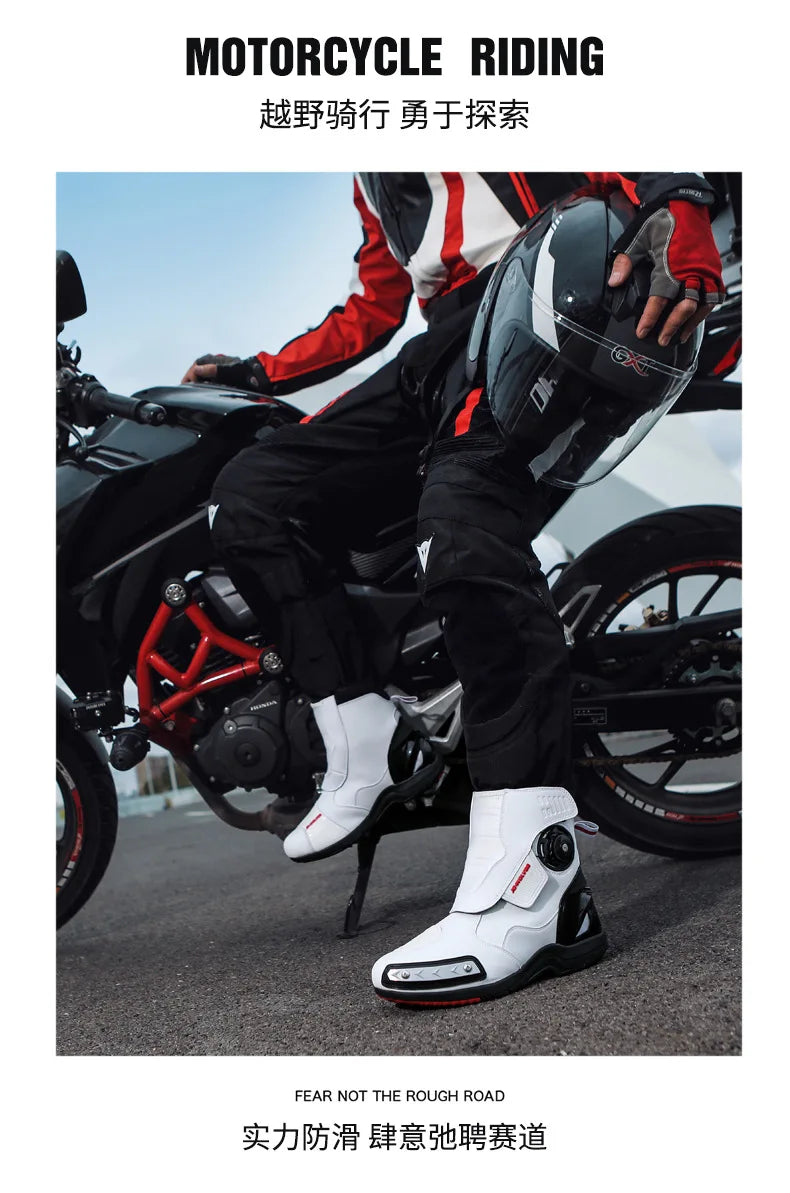 Motorcycle Boots Man Waterproof Studded Boots Hook and Loop Fasteners Wear-Resistant Motorcycle Shoes Anti-Slip Anti-Fall