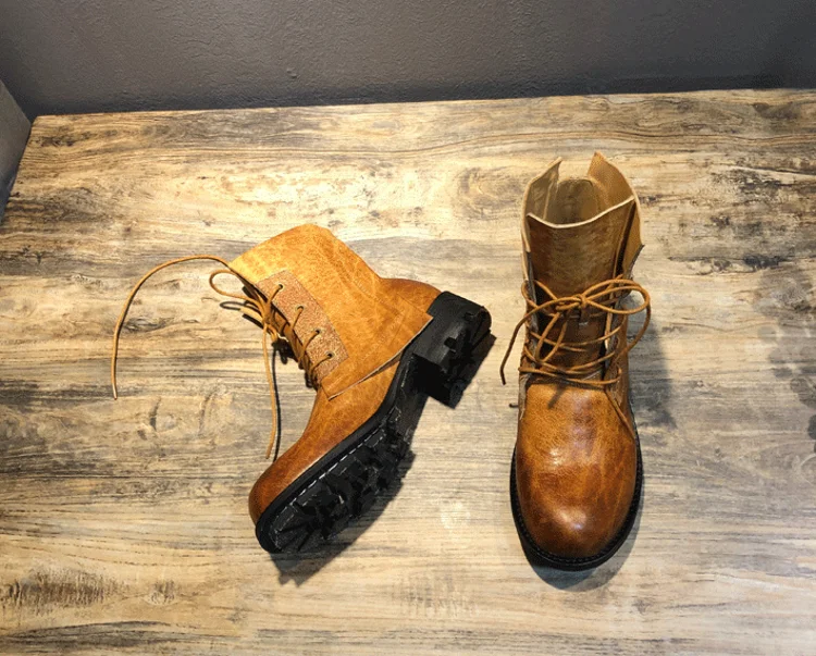 Handmade Vintage Round Toe Mens High Top Work Safety Shoes Cowhide Genuine Leather Ankle Boots Lace Up Motorcycle Riding Boots