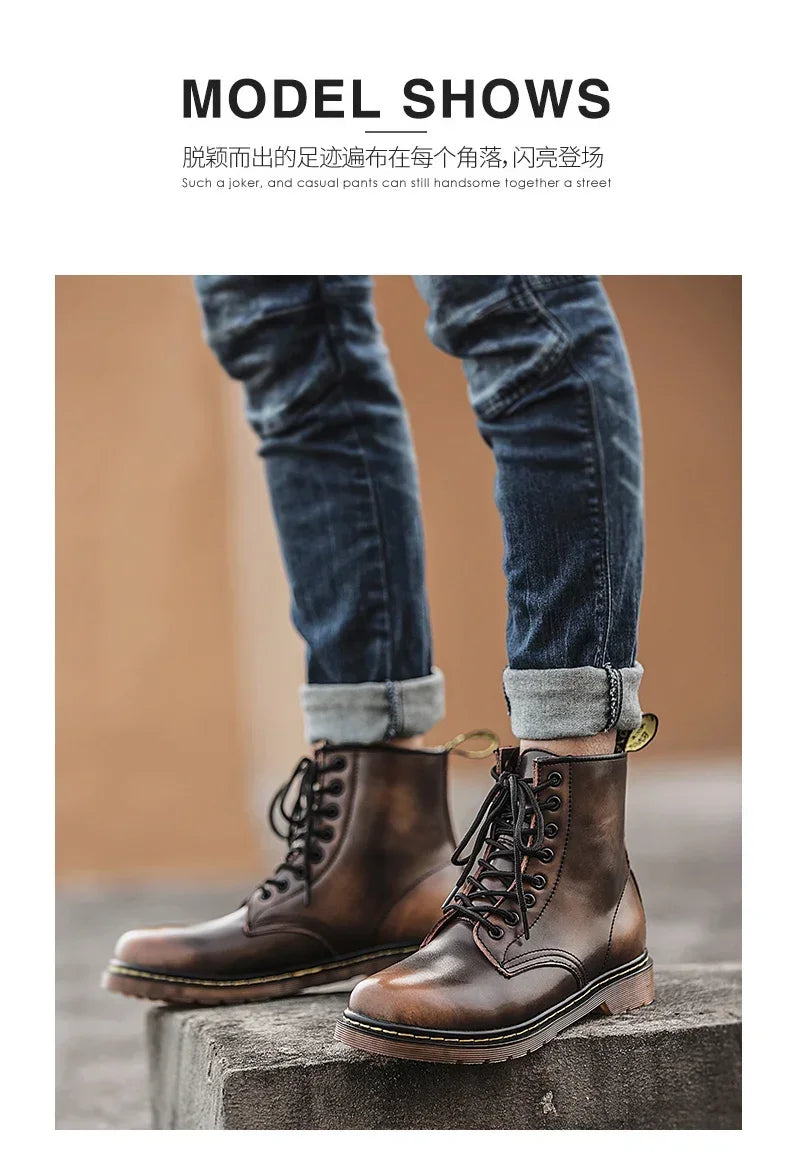 New Couple Boots Genuine Leather Motorcycle Shoes Breathable Waterproof Anti-Slip Warm Cotton Men's Women's Fashion Ankle Boots