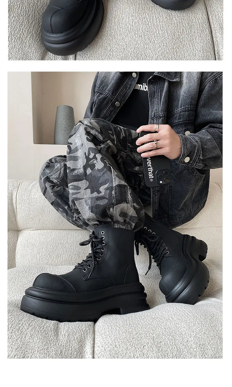 Black boots for men thick sole 7CM height increase high top motorcycle boots trendy and fashionable outdoor workwear shoes
