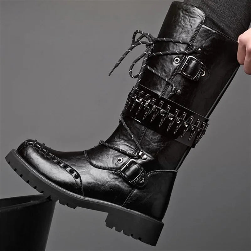Round Toe Metal Decorations Belt Buckle men Boots Thick Sole Flats Black Zipper Fashion Punk Gothic  Equestrian Motocycle Boots