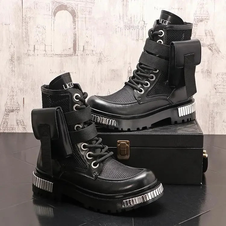 2025 New Men's Thin High-Top New Mid-Calf Motorcycle Height Increasing Insole Summer Ankle Boots Hollow out