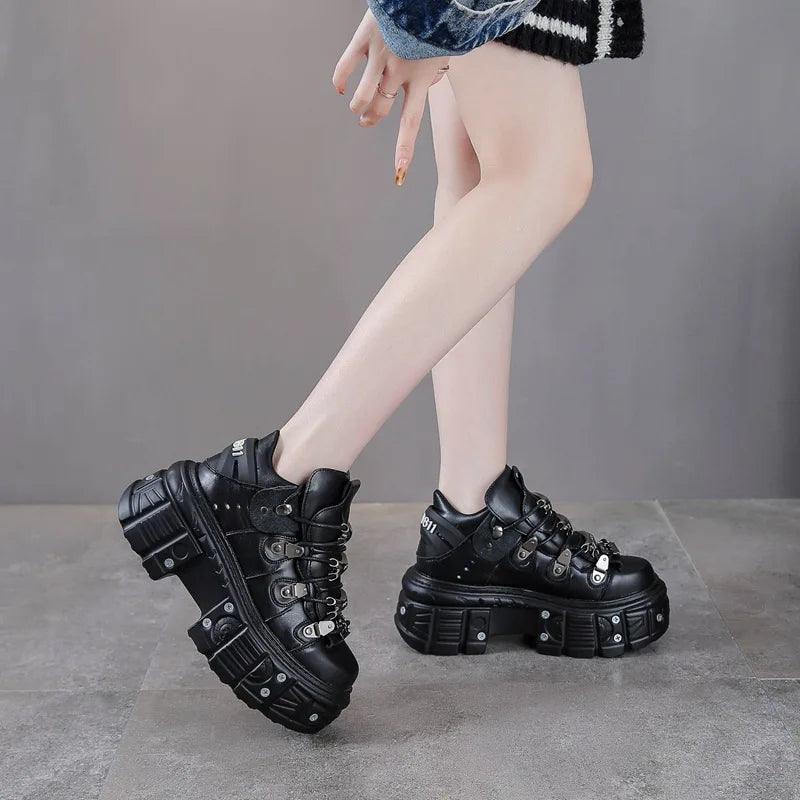 2025 New Black Dad Shoes 8cm Platform Women's Heavy Metal Personality Goth Punk Boots Men
