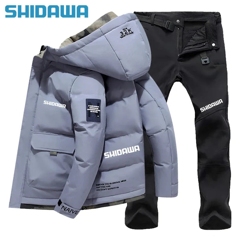 New Men suit Autumn Winter Warm Fishing Clothes Set Casual Thickened Hooded Down Cotton Jacket + Fleece Waterproof Fishing Pants