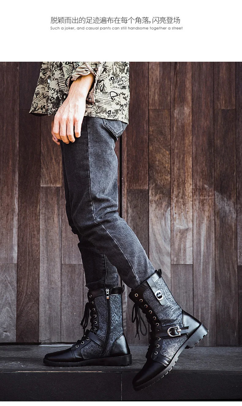 2025 Fashion Man Ankle Boots Lace Up  Platform Leather Shoes Motorcycle Retro Boots Britain Warm Male Platform Mid Calf Boots