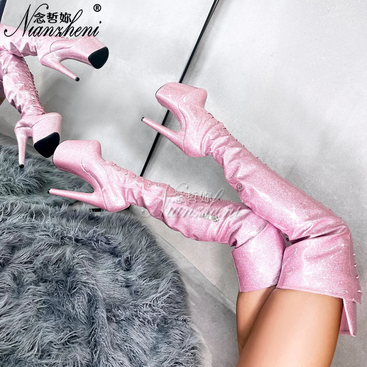 Novelty green Sexy Fetish Shoes 8inch High Heels 20cm over the Knee Long Boots Platform Pole Dance Exotic Stripper bling Queen