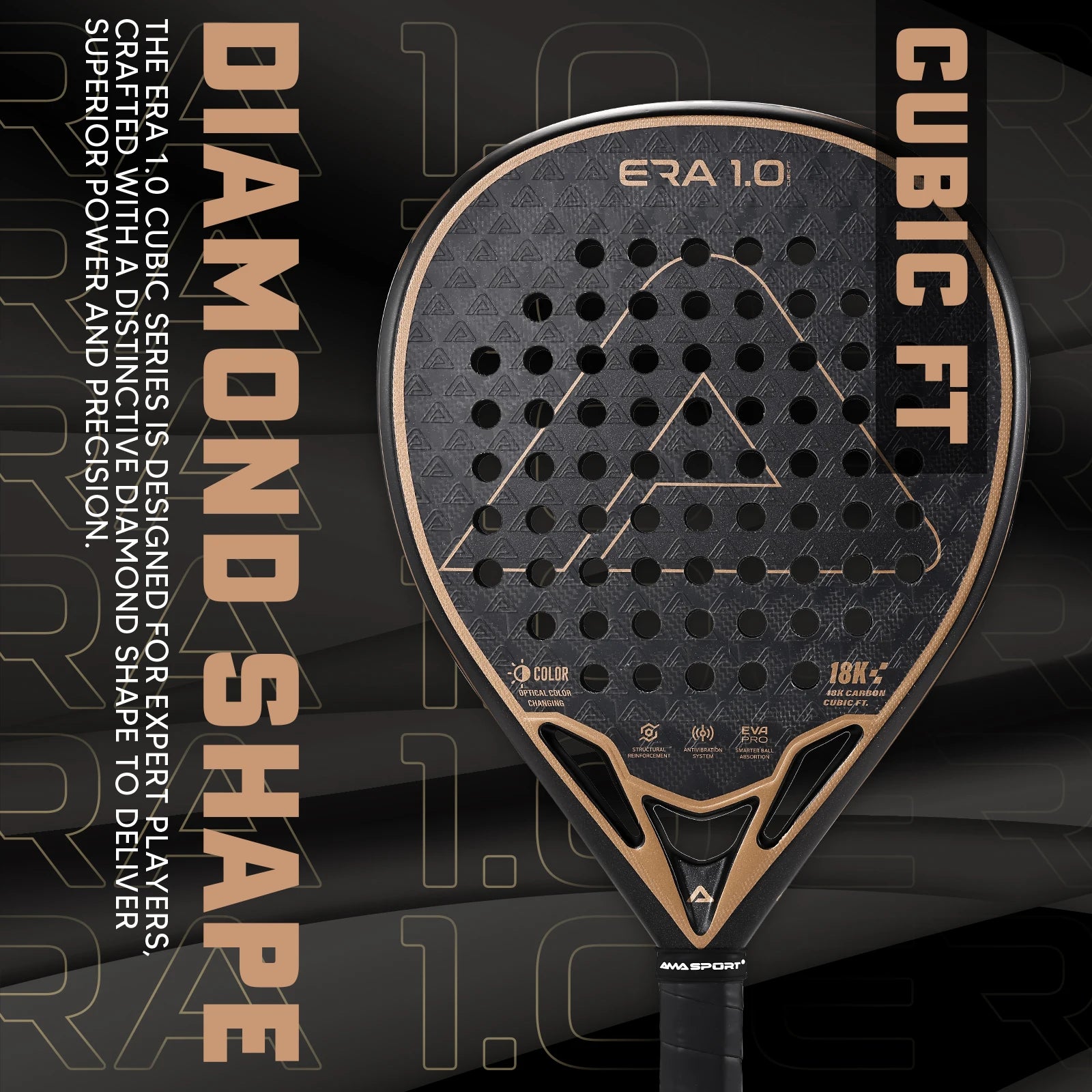 AMASPORT 18K Padel Racket The Era Cubic Series Diamond Shape & Inteliigence Rebound Cork Provides A Great Hitting Experience