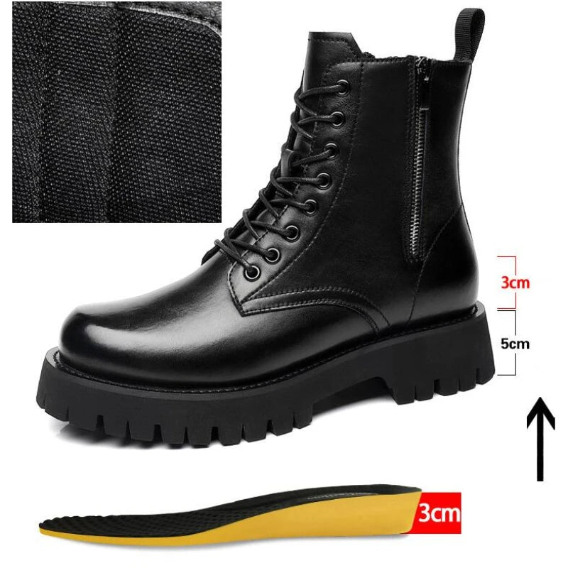 Men's Height Increasing Boots - 8CM Hidden Heel Leather Ankle Boots with Zipper | Elevator Shoes (Botas Masculino)