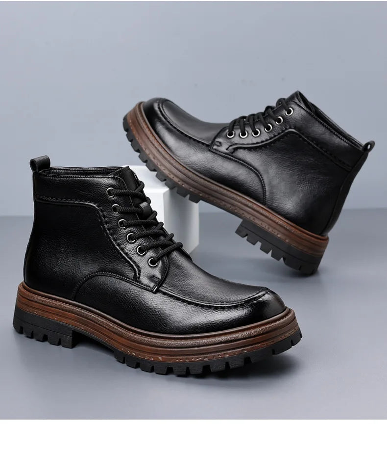 2025 Autumn Winter New Platform Boots for Men Keep Warm Fashion Casual Ankle Boot Male Solid Color Outdoor Cow Leather Shoes Man