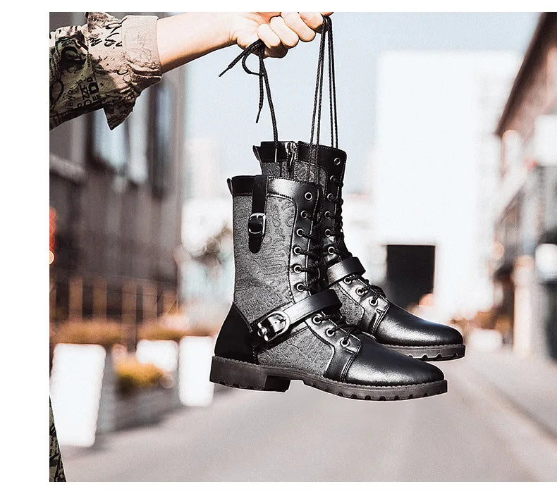 2025 Fashion Man Ankle Boots Lace Up  Platform Leather Shoes Motorcycle Retro Boots Britain Warm Male Platform Mid Calf Boots