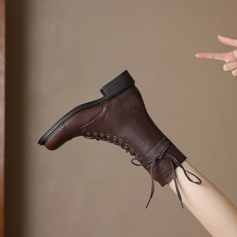 2025 New Autumn Winter Genuine Leather Women Shoes Lace-up Chelsea Women Boots Ankle Boots Chunky Boots Western Women Shoes