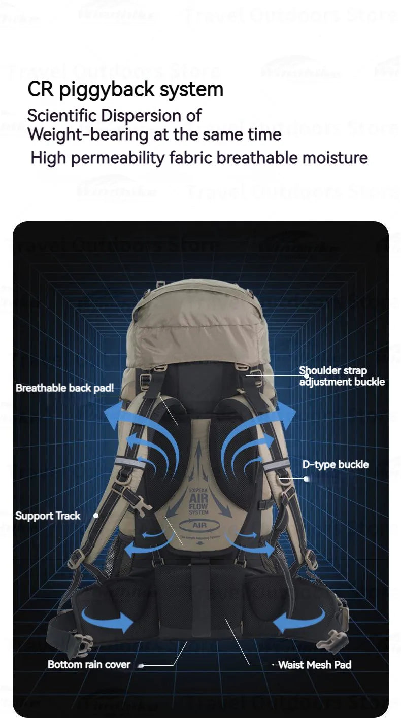 Naturehike Hiking Backpack Waterproof 70L + 5L Lightweight Mountaineering Hiking Outdoor Camping Trekking Bag with Rain Cover