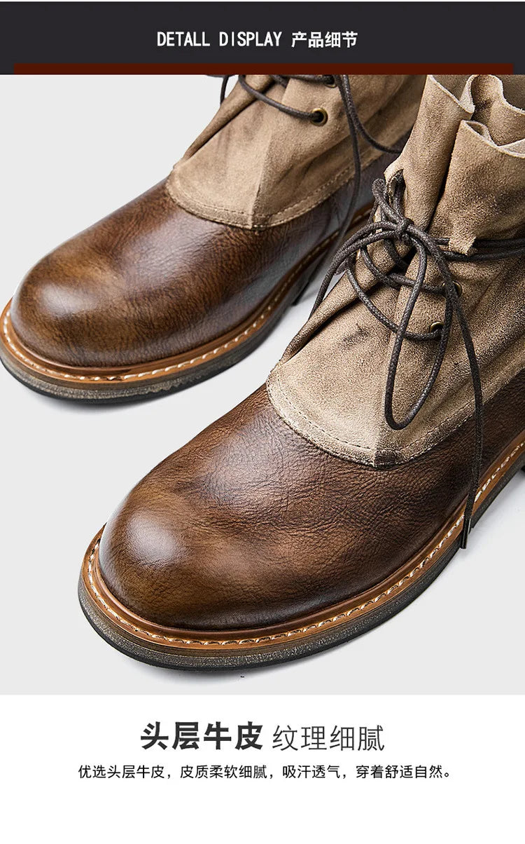 Retro Cowhide Motorcycle Boots Men Quality Breathable Motorbike Leather Boots Wear Resistant Moto Riding Shoes Summer Winter