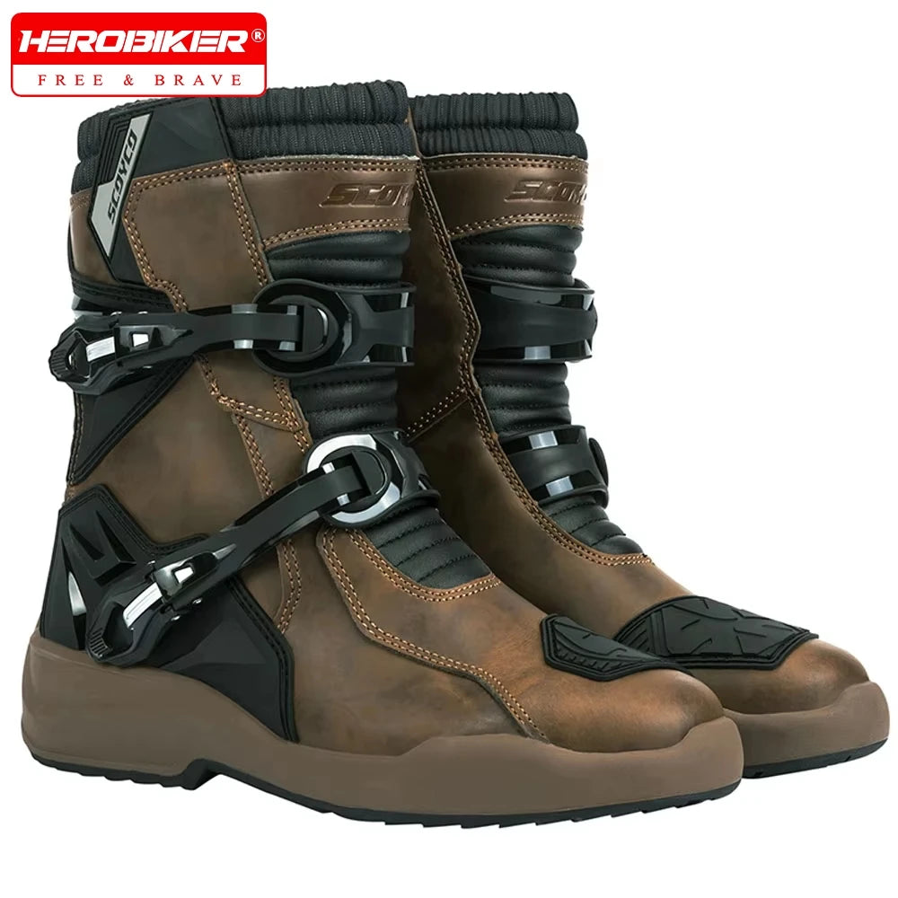 Scoyco Motorcycle Boots Wear-resistant Men's Biker Boots Anti-slip Motorcycle Boots Enduro Waterproof Leather Motocross Boots