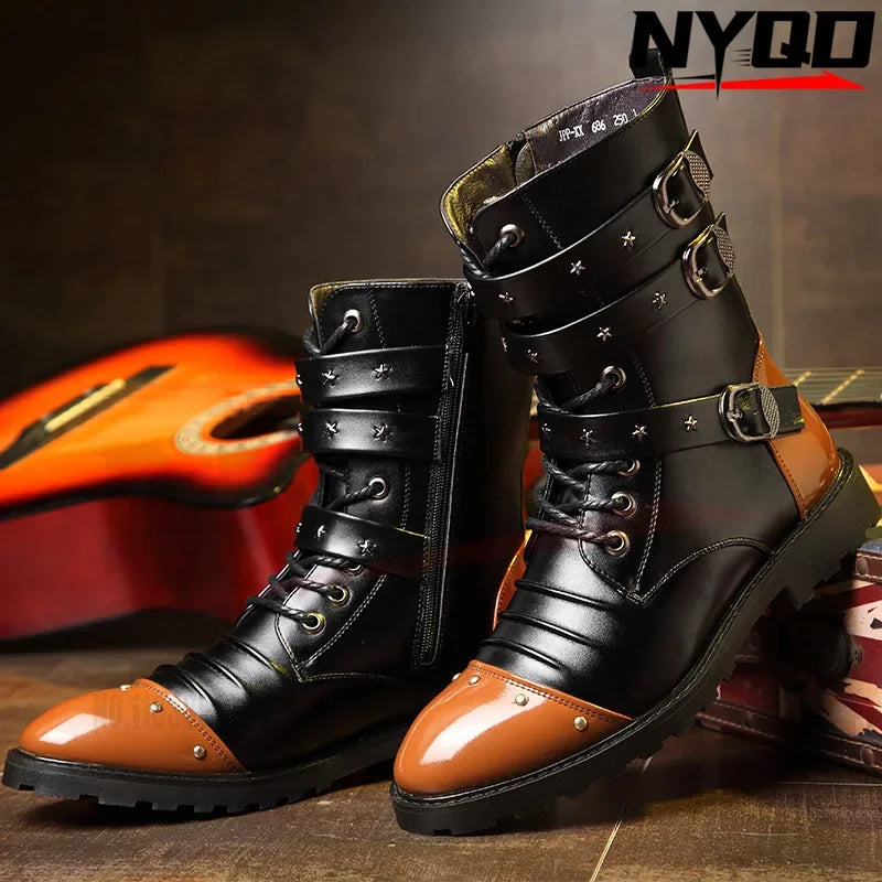 Men's boots winter warmth velvet function metal high-tube cycling boots height-increasing shoes motorcycle boots black 37-48