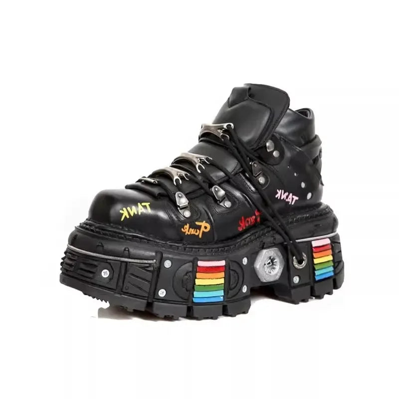 Fashion Men's Genuine Leather Punk New Motorcycle Boots Spanish Tank Metal High-Top Platform Women Handmade Ankle Shoes