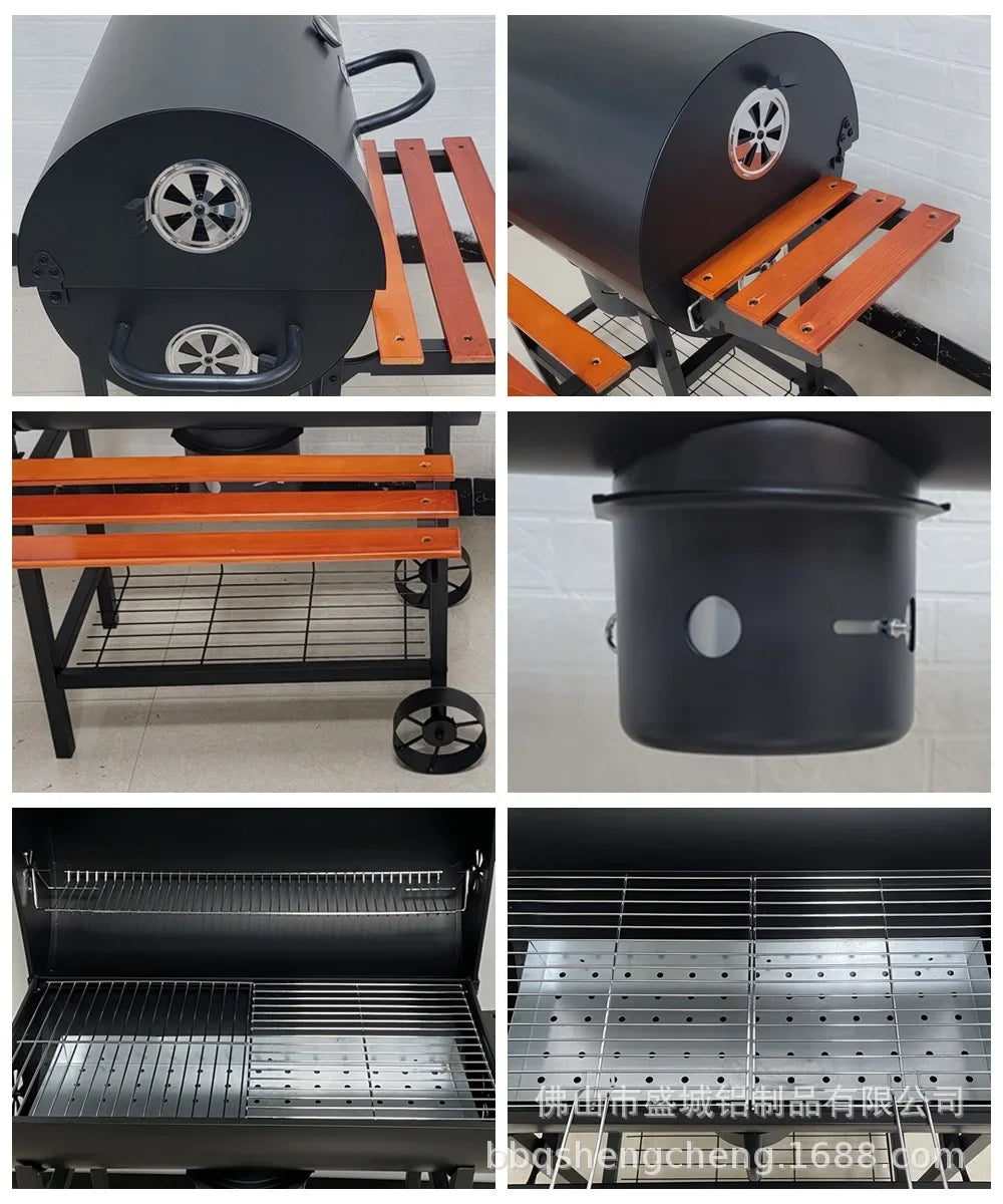 Charcoal Grill Barrel style BBQ Charcoal Grill with Three Item Racks Thermometer Double-Layer Chrome-Plated Iron Baking