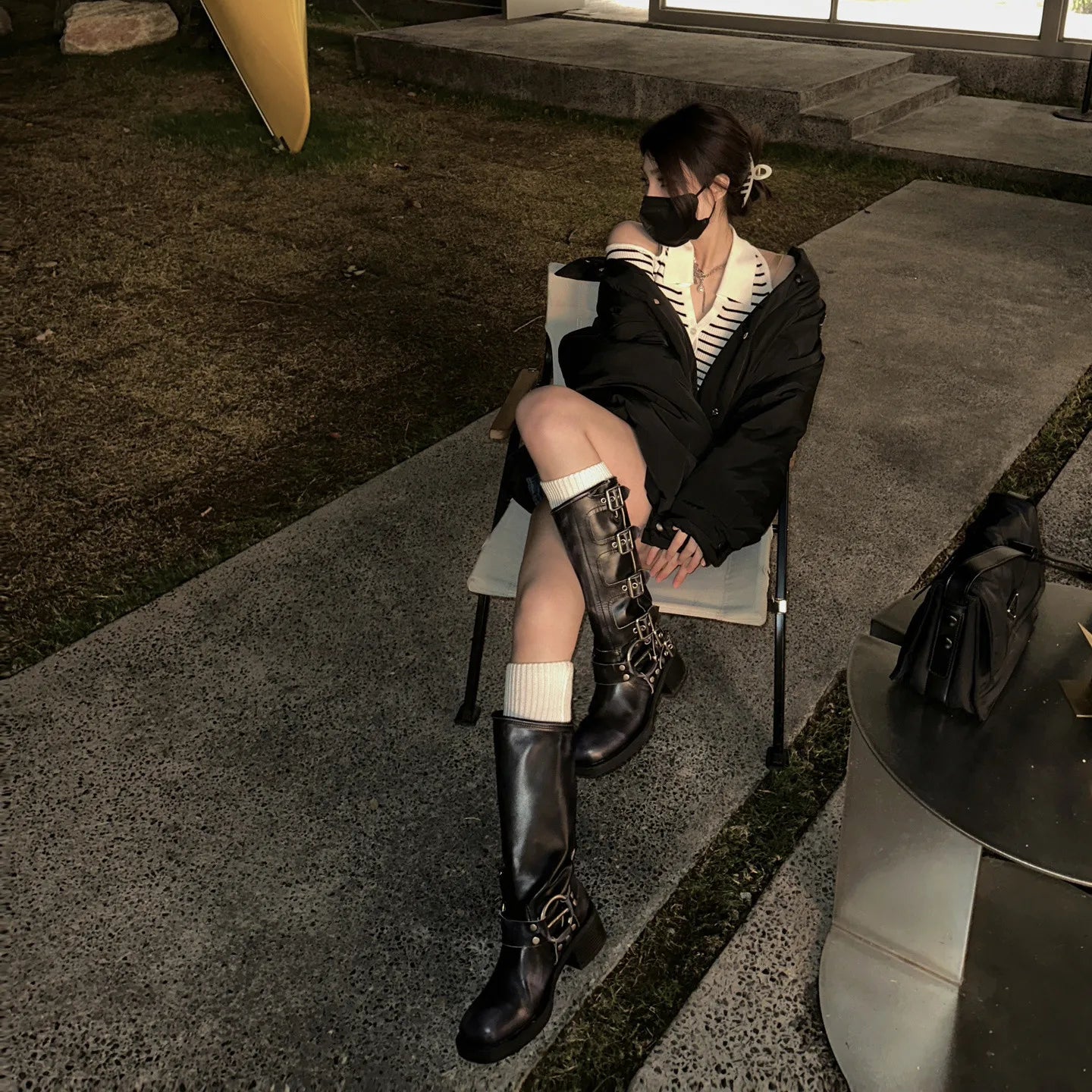 Women's High Platform Boots Metal Buckle Thick Heel Motorcycle Boots Vintage Soft Leather Punk Boot Brown Leather Knight Boot