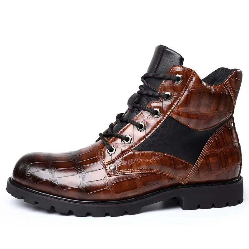 Size 38-48 Classic Design New Men's Ankle Boots Handsome Thick Sole Patent Leather Crocodile Lines Men's Short Motorcycle Boots