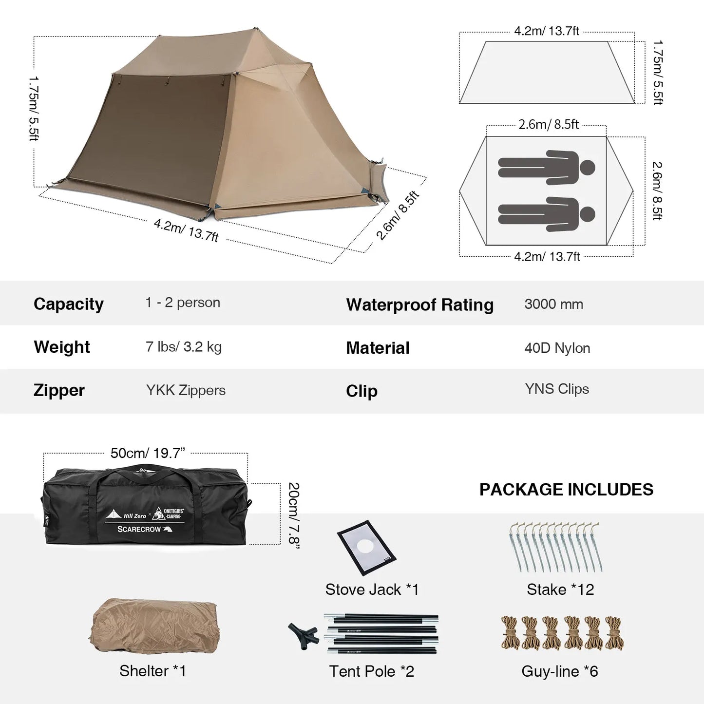 OneTigris Scarecrow Hot Tent Lightweight 2 Persons Shelter Tents with Stove Jack for Bushcrafters Survivalists Camping Hiking