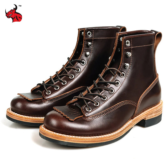 Men's Vintage Motorcycle Boots Cowhide Leather High Top Motorbike Boots Motocross Riding Boots Walking Shoes Thick Soled 38-44