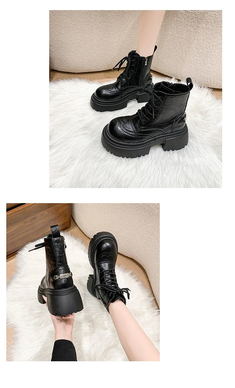 Boots Woman 2025 Trend Female Shoes Winter New British platform Lace up zipper ankle boots Plush Flat Heel Motorcycle boots