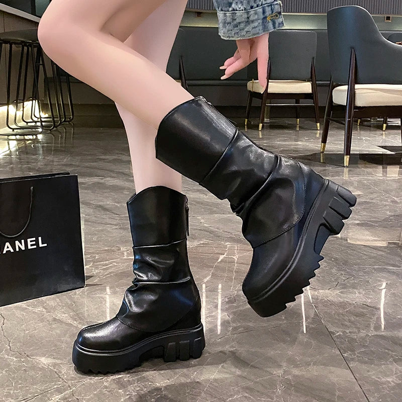9CM Women Mid Calf Boots Autumn Winte Soft Leather Motorcycle Boots High Platform Square Heels Ladies Chunky Shoes Botas Mujer