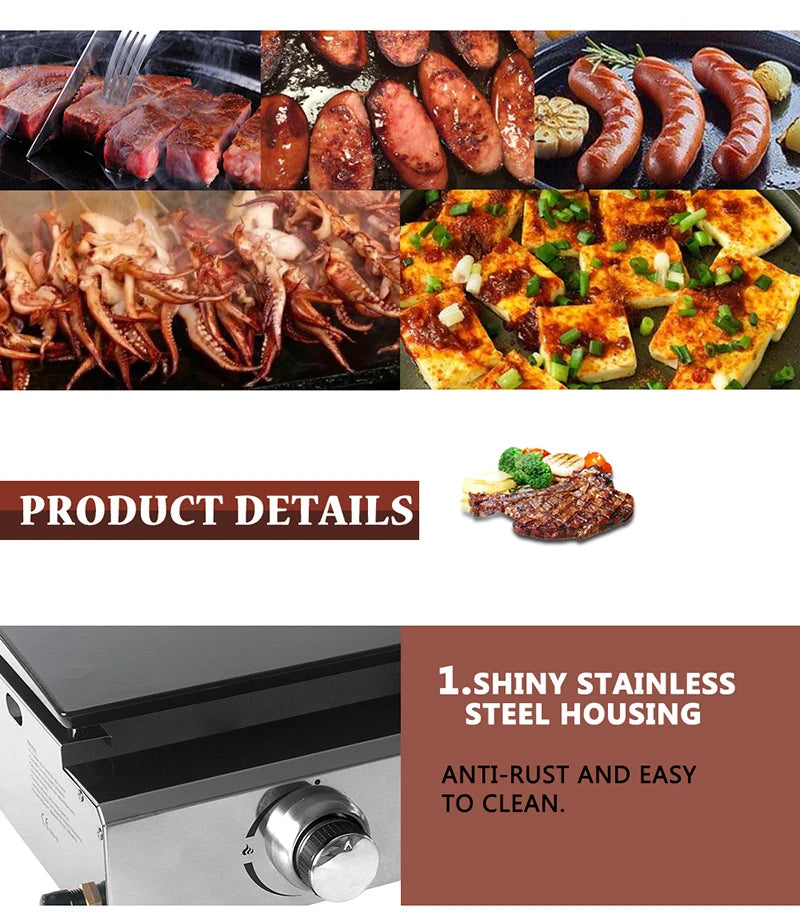 2 Burners Grill LPG BBQ Griddle for Commercial Non-stick Iron Plate Enamel Cooking Barbecue Steak Outdoor Grill Camping Cooking