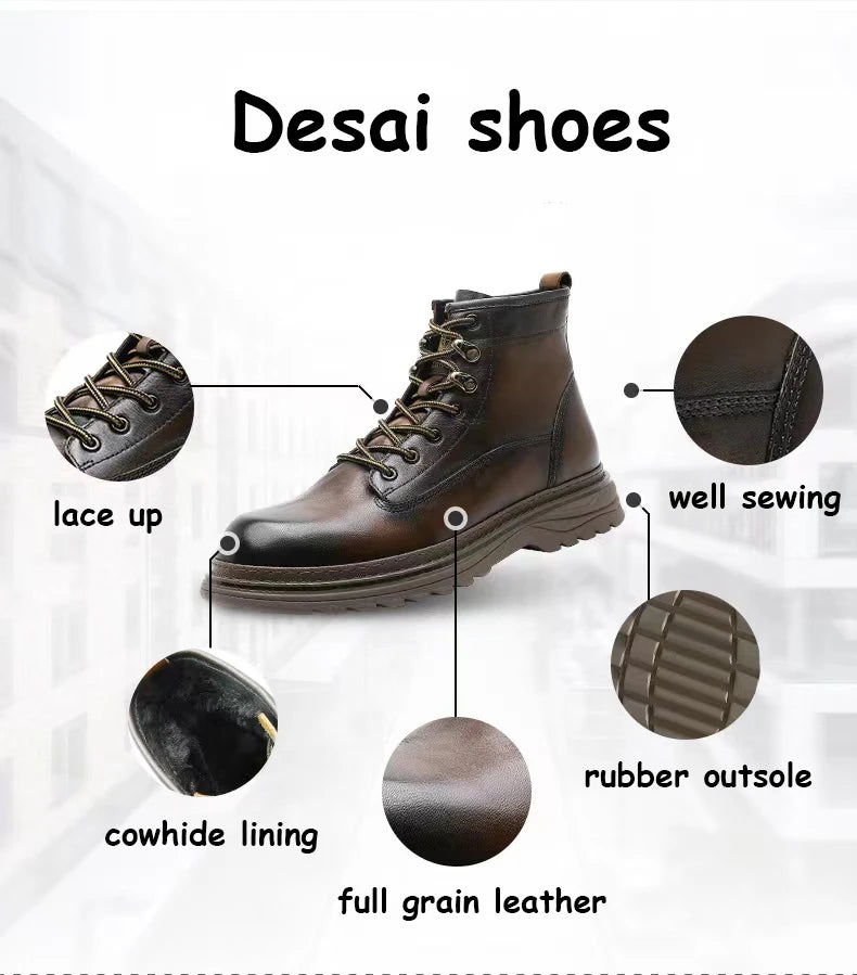 Desai Brand Men Boots Winter Cowboy Full Grain Genuine Leather Military Men Motorcycle Shoes Casual Work Fashion High Quality