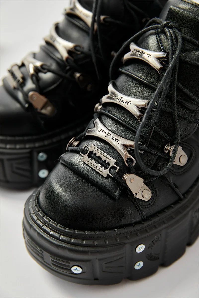 2025 New Punk Style Women Black Rock Metal Decor Lace-up Heel Height Platform Shoes Gothic Man Sneakers Women Ankle Boots