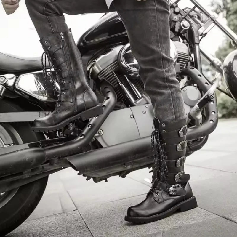 Men's Leather Motorcycle Boots Mid-calf Boots Gothic Belt Rock Punk Shoes Outdoor Black Casual Boot Winter Large Size Men Boots