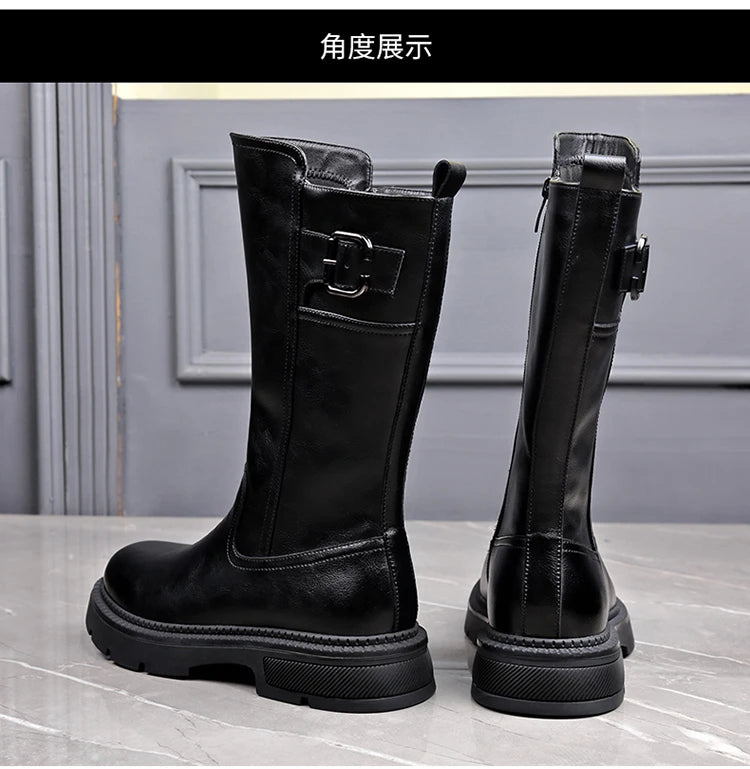 Tall Boots for Men Made of Leather with Increased Height and Soft Sole Western Cowboy Plush Insulation Knight Ankle Riding