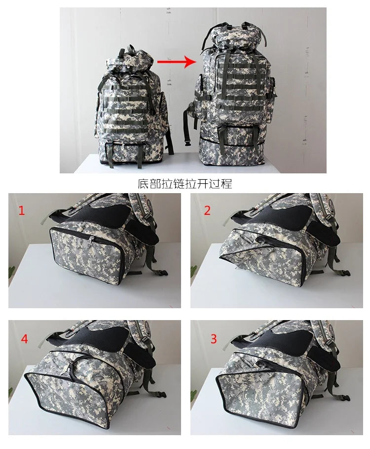 70-100L Outdoor Camping Travel Sports Backpack Military Camo Tactical Bag Large Capacity Waterproof Hiking Mountain Climbing Bag