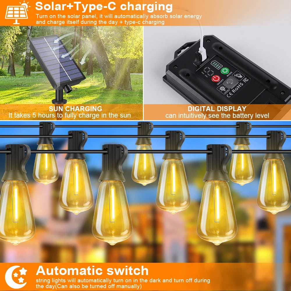 ST38 LED Solar String Light Dimmable Outdoor Shatterproof Garden Solar Powered String Lights with Remote Bistro Cafe Camping Dec