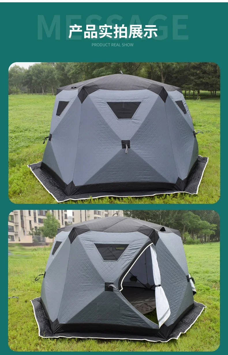 YOUSKY Winter Fishing Tent, Thickened Hexagonal Design, 3-4 Person, Quick Opening Cotton Camping Tent for Ice Fishing