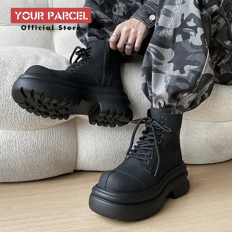 Black boots for men thick sole 7CM height increase high top motorcycle boots trendy and fashionable outdoor workwear shoes