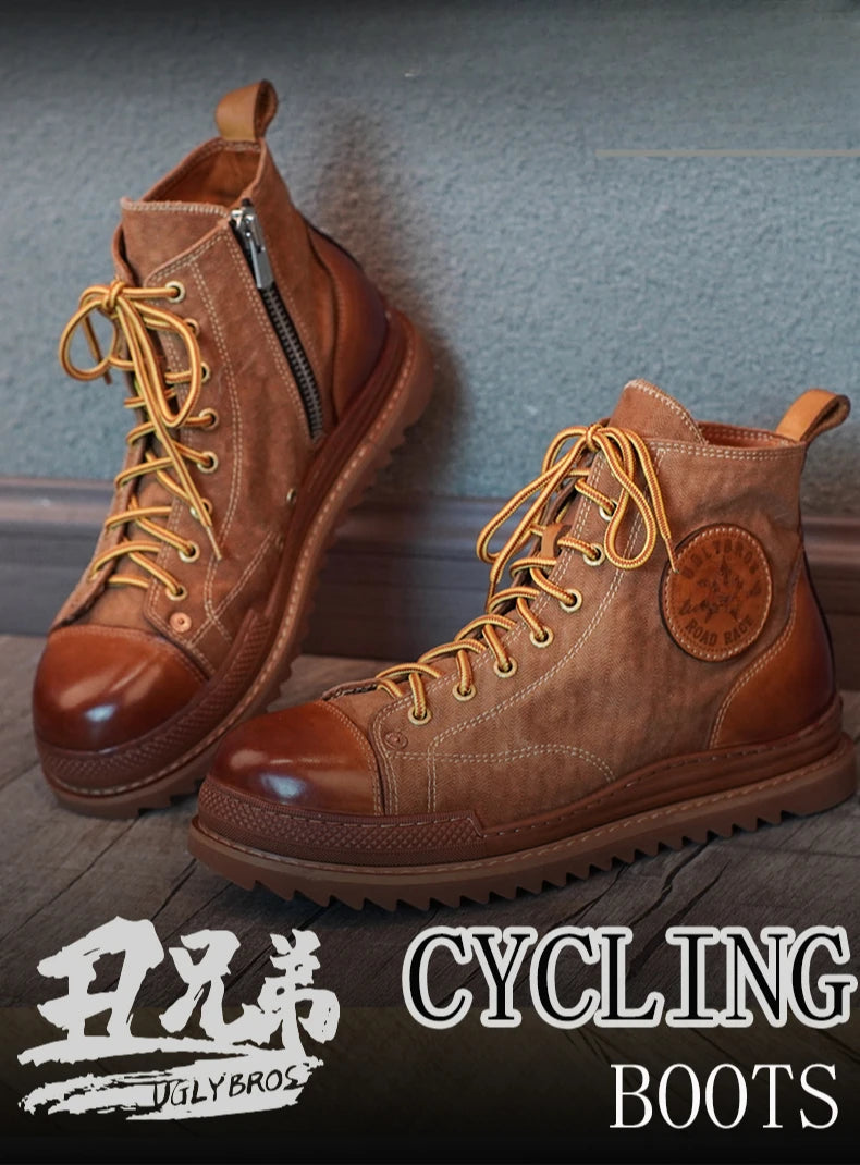 Retro Uglybros Motorcycle Boots Cowhide Canvas Shoes Ankle Protect Motorbike Zapatone British Style Botas For Harley For TRIUMPH