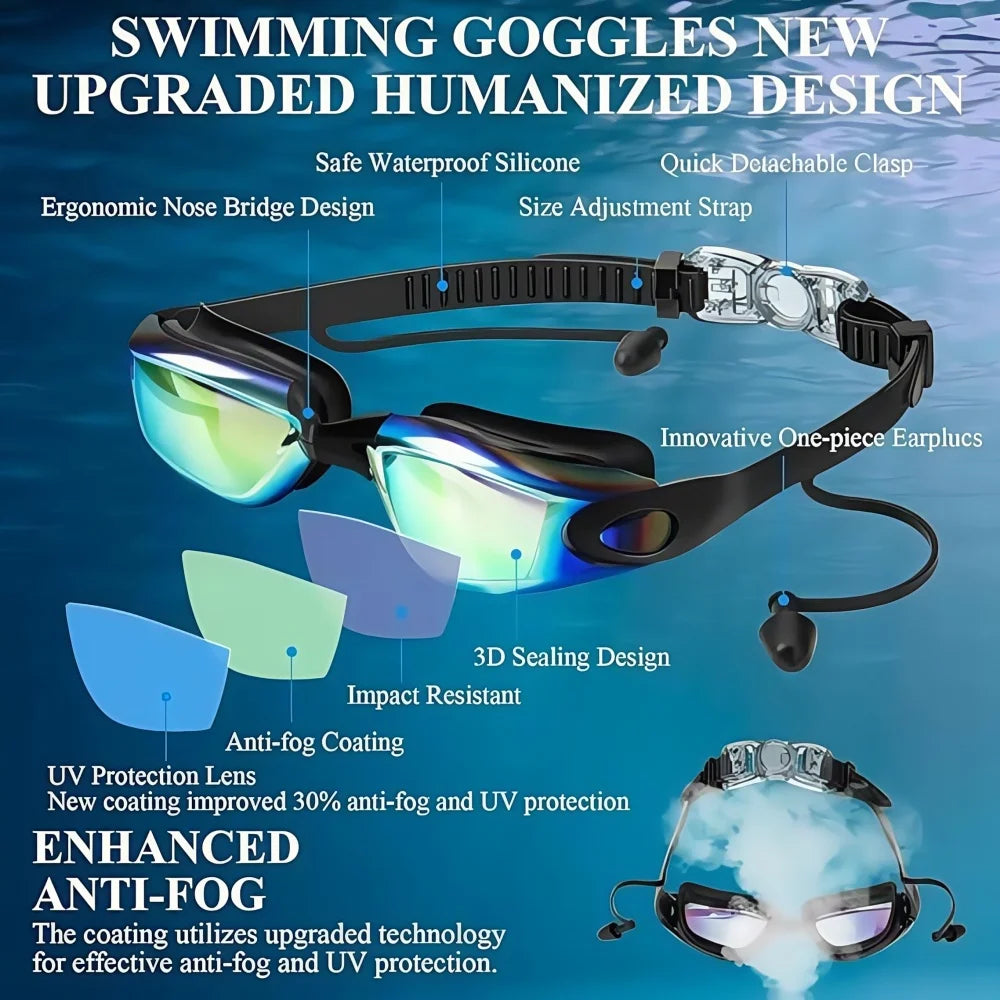 Adult Swimming Goggles with Nose Clip And Earplugs Anti Fog UV Protection Full Face Leak-Proof Swim Goggles for Men And Women