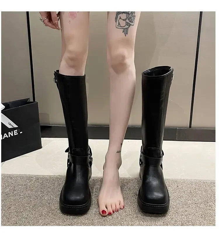 WOMEN'S platform knee-high Knight casual long boots chunky vintage fashion buckle luxury designer Western cowboy woman shoes